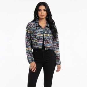 Tinseltown cropped Aztec inspired denim jean jacket size large. See measurements
